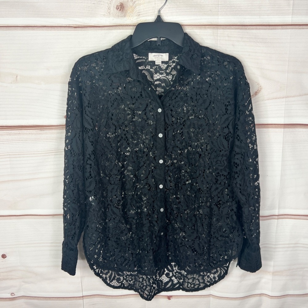 LOFT Top Womens PXXS Black Floral Lace Shirt Button Up Long Sleeve Sheer Collar